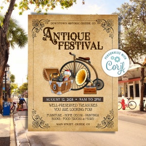 Antique Festival Flyer, Antique Goods, Antique Fair Festival, Flea Market Flyer, Vintage Market Flyer, Editable with Corjl, Vintage Fair