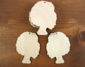 African Woman Head Wood Dangle Earring Blanks Pendant 3" H Laser Cut Jewelry Shapes - 12 Pieces