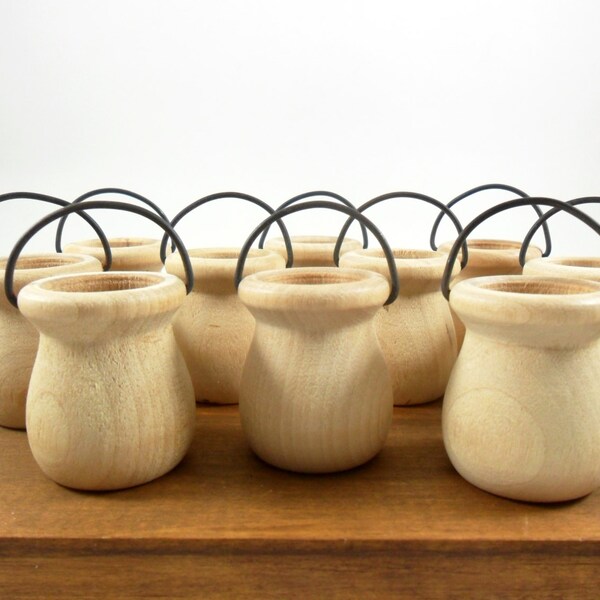 Wood Bean Pots w/Wire Handle Miniature 1 9/16" H x 1 5/16" - 10 Pieces