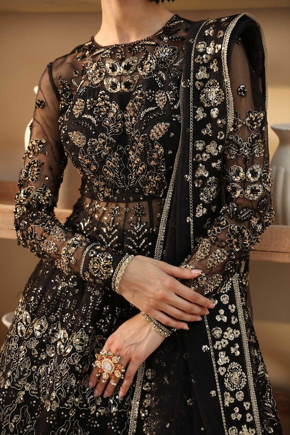 black and golden pakistani dresses Black and gold drape dress main image 1