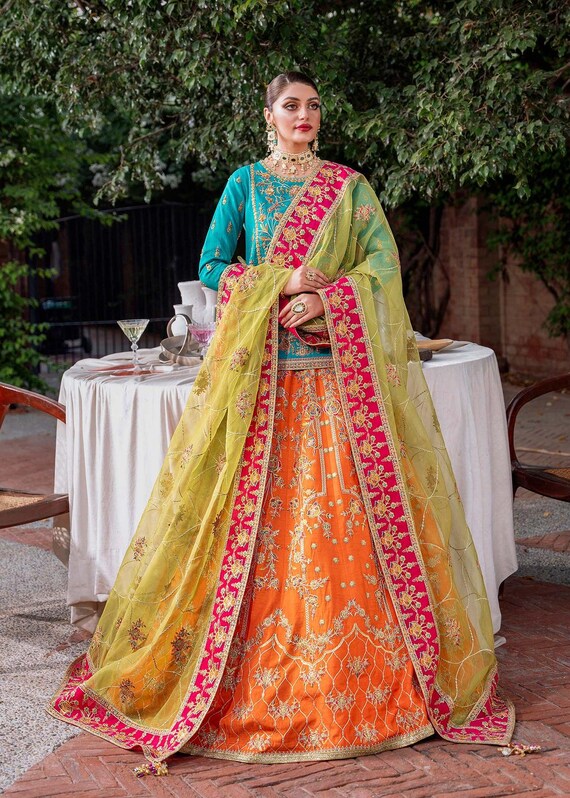 Blue Orange Lehenga Maxi Frock for Women Pakistani Indian Dress Modern Bridesmaid Wedding Guest Suit Reception Outfit Party Wear Clothes