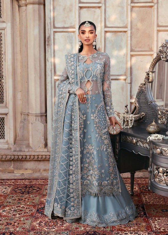 Pakistani Grey Dress Party Grey Embroidered Net Maxi Gown: Pakistani  Wedding Outfit, Indian