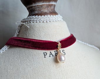 Vinfärgad sammetspärlchoker – Gotiskt bandhalsband med sötvattenspärlor, bladguldsdetaljer, handgjorda vintageinspirerade Halloween Kpop-smycken