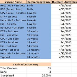 Seguimiento de vacunas para bebés / Plantilla editable de Excel / Recién nacidos a 5 años / Recordatorio de fechas de vacunación