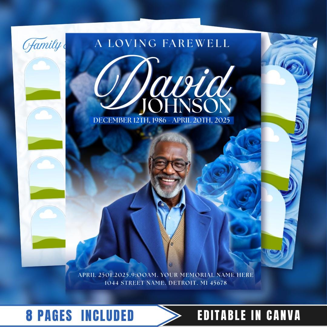 Blue Roses Funeral Program Template: 8-page Memorial (canva PDF) - Etsy