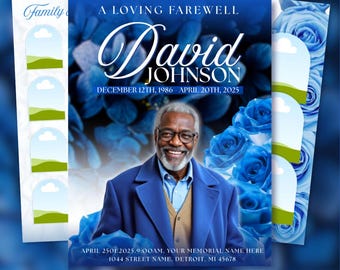 Blue Roses Funeral Program Template: 8-Page Memorial (Canva PDF)