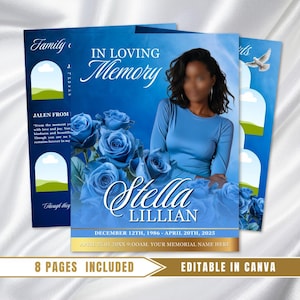 Puede incluir: Un diseño de tarjeta conmemorativa azul con el texto "In Loving Memory" y el nombre "Stella Lillian". El diseño incluye rosas azules y un área para fotos. La tarjeta también incluye las fechas del 12 de diciembre de 1986 al 20 de abril de 2025.