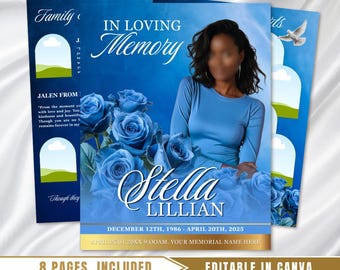 Blue Roses Funeral Program Template: 8-Page Memorial (Canva PDF Download)