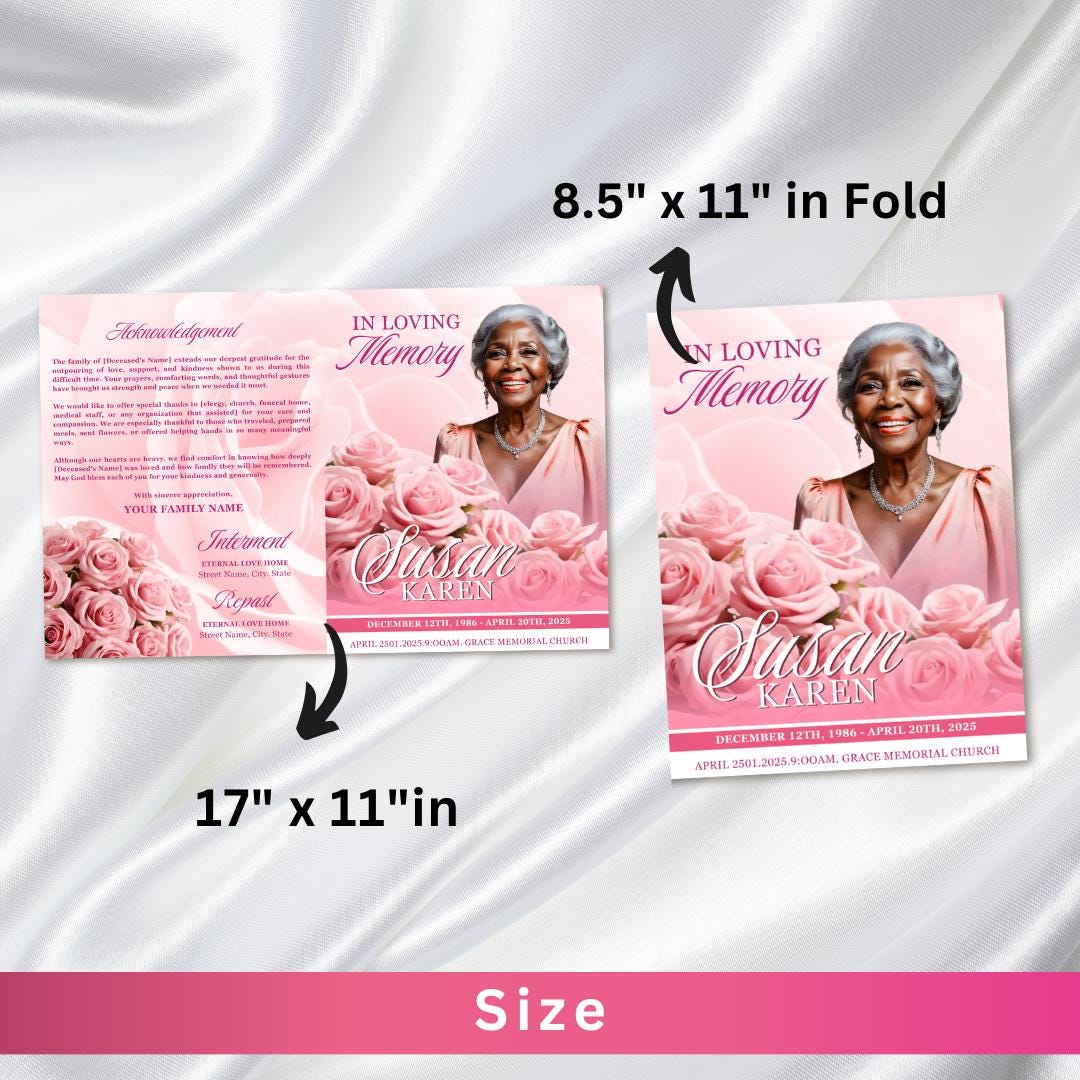 Pink Roses Funeral Program Template: 8-page Memorial, Celebration of ...
