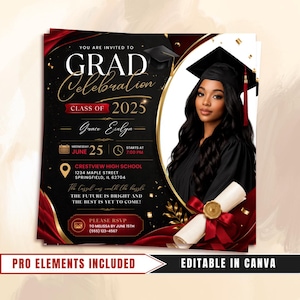 Könnte beinhalten: Abschlussankündigung mit schwarzem und rotem Design. Die Einladung enthält den Text "GRAD Celebration" und "Klasse von 2025". Auf der rechten Seite befindet sich ein Foto einer Absolventin in Hut und Robe. Die Einladung enthält Datum, Uhrzeit und Ort.