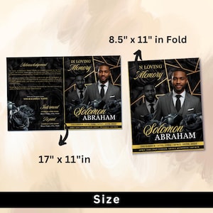 May include: A black and gold memorial program featuring a man in a suit. The text includes "In Loving Memory" and "Solomon Abraham." The program measures 21.6 x 27.9 cm folded and 43.2 x 27.9 cm unfolded.