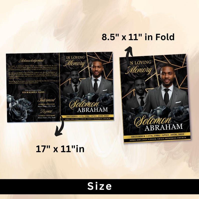 May include: A black and gold memorial program featuring a man in a suit. The text includes "In Loving Memory" and "Solomon Abraham." The program measures 21.6 x 27.9 cm folded and 43.2 x 27.9 cm unfolded.