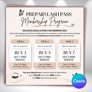 Pode incluir: Um folheto promocional quadrado para um programa de ades&atilde;o Prepaid Lash Pass com tr&ecirc;s n&iacute;veis de pacotes de servi&ccedil;os. O texto detalha poupan&ccedil;as de 15%, 18% e 25% na compra de 3, 5 ou 7 servi&ccedil;os, com pre&ccedil;os em d&oacute;lares e um gr&aacute;fico de pestanas.