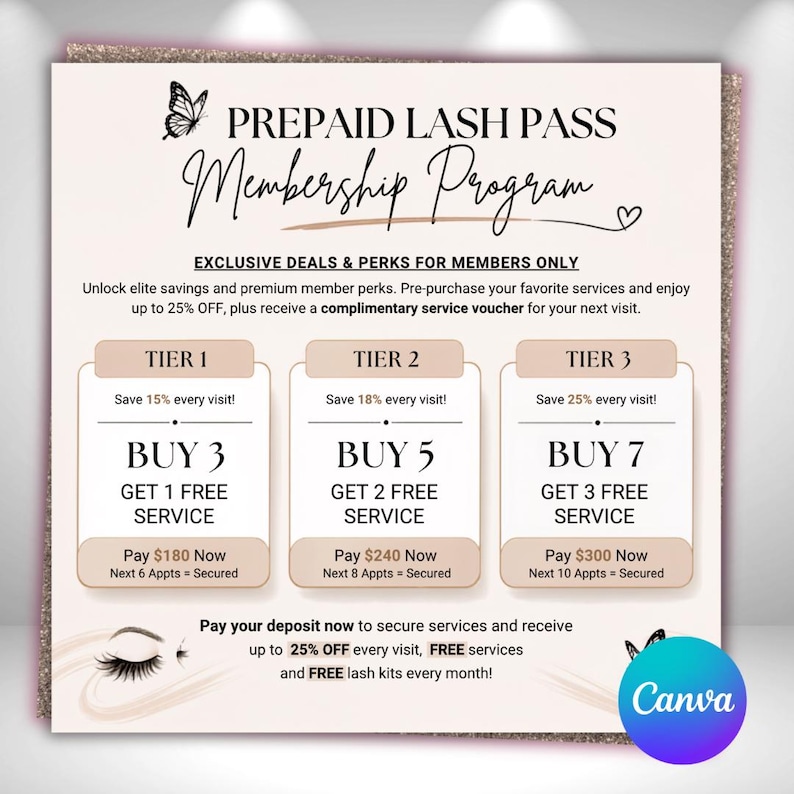 Pode incluir: Um folheto promocional quadrado para um programa de ades&atilde;o Prepaid Lash Pass com tr&ecirc;s n&iacute;veis de pacotes de servi&ccedil;os. O texto detalha poupan&ccedil;as de 15%, 18% e 25% na compra de 3, 5 ou 7 servi&ccedil;os, com pre&ccedil;os em d&oacute;lares e um gr&aacute;fico de pestanas.