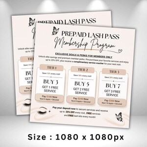 Pode incluir: Um folheto quadrado intitulado PREPAID LASH PASS Membership Program com gr&aacute;ficos de borboletas e tr&ecirc;s n&iacute;veis de op&ccedil;&otilde;es de servi&ccedil;o. O texto detalha economias de 15%, 18% e 25% na compra de 3, 5 ou 7 servi&ccedil;os, com pre&ccedil;os em USD.