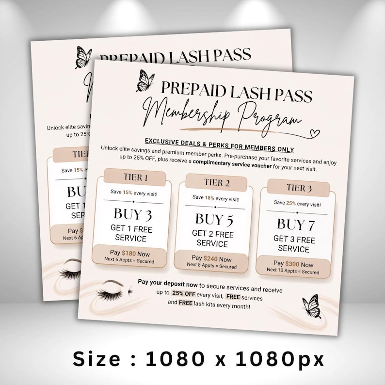 Pode incluir: Um folheto quadrado intitulado PREPAID LASH PASS Membership Program com gr&aacute;ficos de borboletas e tr&ecirc;s n&iacute;veis de op&ccedil;&otilde;es de servi&ccedil;o. O texto detalha economias de 15%, 18% e 25% na compra de 3, 5 ou 7 servi&ccedil;os, com pre&ccedil;os em USD.