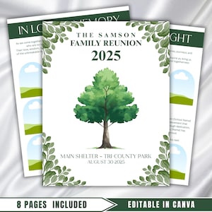Puede incluir: Un diseño de invitación blanco para la Reunión Familiar Samson 2025, con una ilustración de árbol en acuarela. El diseño incluye acentos de follaje verde y el texto "Main Shelter - Tri-County Park, August 30 2025". También están presentes las palabras "8 Pages Included" y "Editable in Canva".