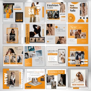 May include: A collection of fashion-related social media posts in a grid layout, using an orange and white colour palette. The posts showcase models, clothing, and text including "New Fashion," "Fashion Sale," and "New Collection."