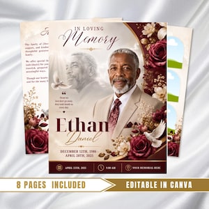 May include: A funeral program template featuring a portrait of a man in a tan suit, dark red roses, and white doves. The text reads In Loving Memory, Ethan Daniel, December 12th, 1986 - April 20th, 2025, and includes placeholders for event details.