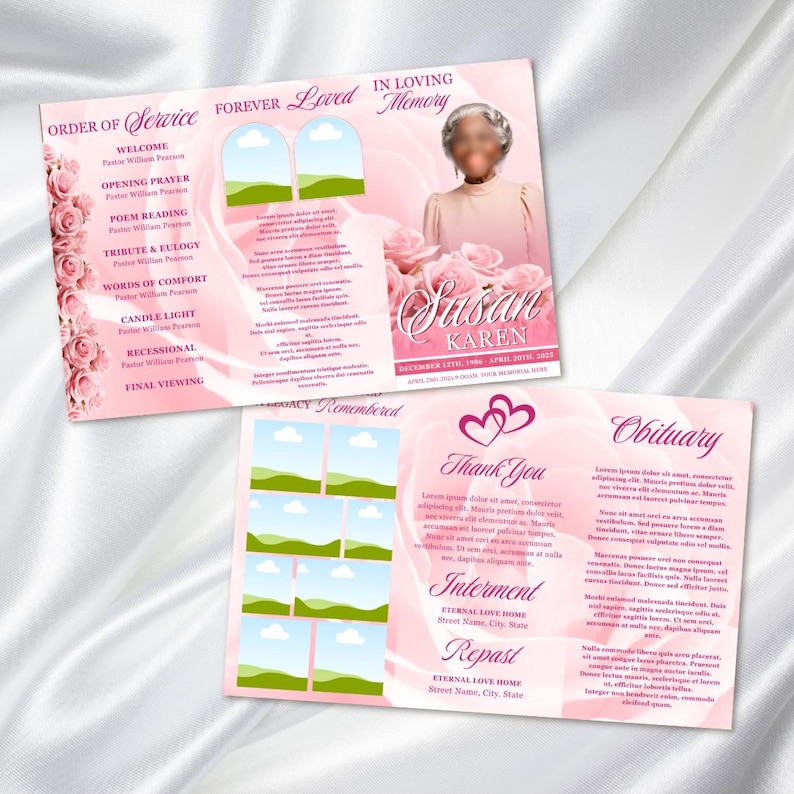 Peut inclure: Un mod&egrave;le de programme fun&eacute;raire pli&eacute; en deux avec un fond de roses rose p&acirc;le. Le recto affiche le texte Order of Service, Forever Loved, In Loving Memory et Susan Karen avec des dates. Le verso comprend des sections pour Obituary, Thank You, Interment et Repast.
