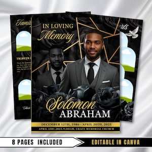 May include: A memorial announcement with a black and gold floral design. The announcement features a portrait of a man in a suit, the name "Solomon Abraham", and dates. The text "In Loving Memory" is displayed at the top.