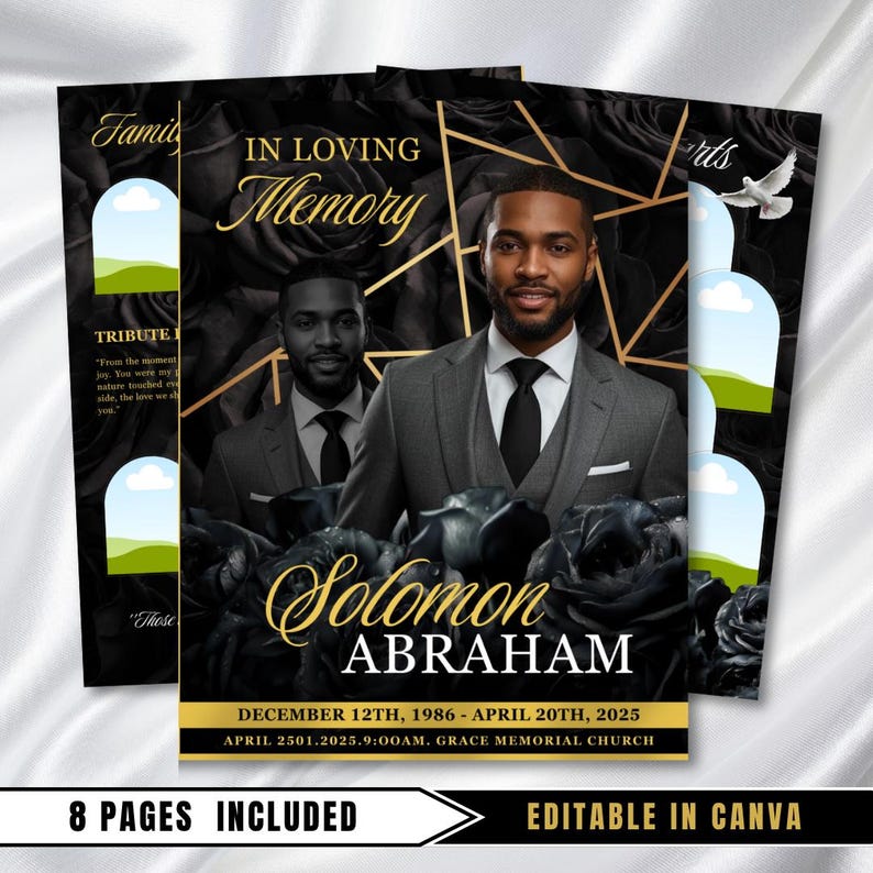 May include: A memorial announcement with a black and gold floral design. The announcement features a portrait of a man in a suit, the name "Solomon Abraham", and dates. The text "In Loving Memory" is displayed at the top.