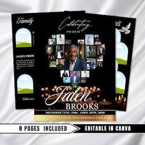 Black Gold Candle Beerdigung Programm Vorlage: 8-seitiges Trauerbild (Canva PDF)