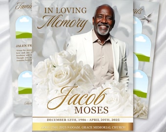 Plantilla de programa funerario de rosas de oro blanco: Memorial de 8 páginas (Canva PDF)