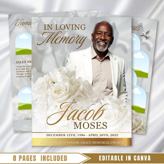 White Gold Roses Funeral Program Template: 8-Page Memorial (Canva PDF)