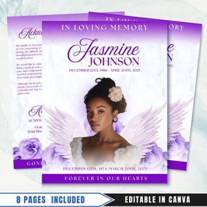 8 Page Purple Roses Lilac Funeral Program, 17" X 11" Obituary Program Template Memorial Program Celebration Of Life Program In Loving Memory