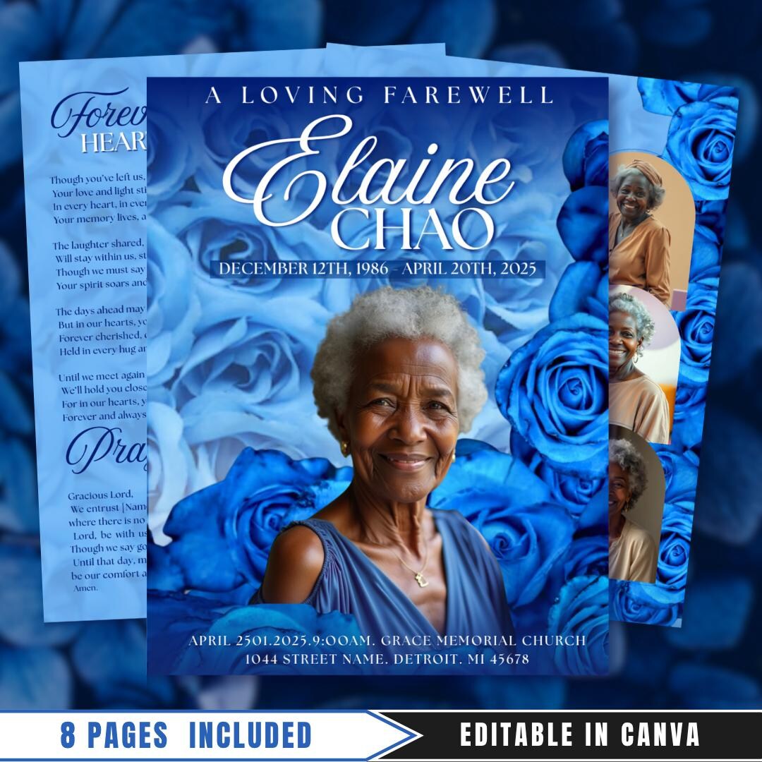 Blue Roses Funeral Program Template: 8-page Memorial (canva PDF ...