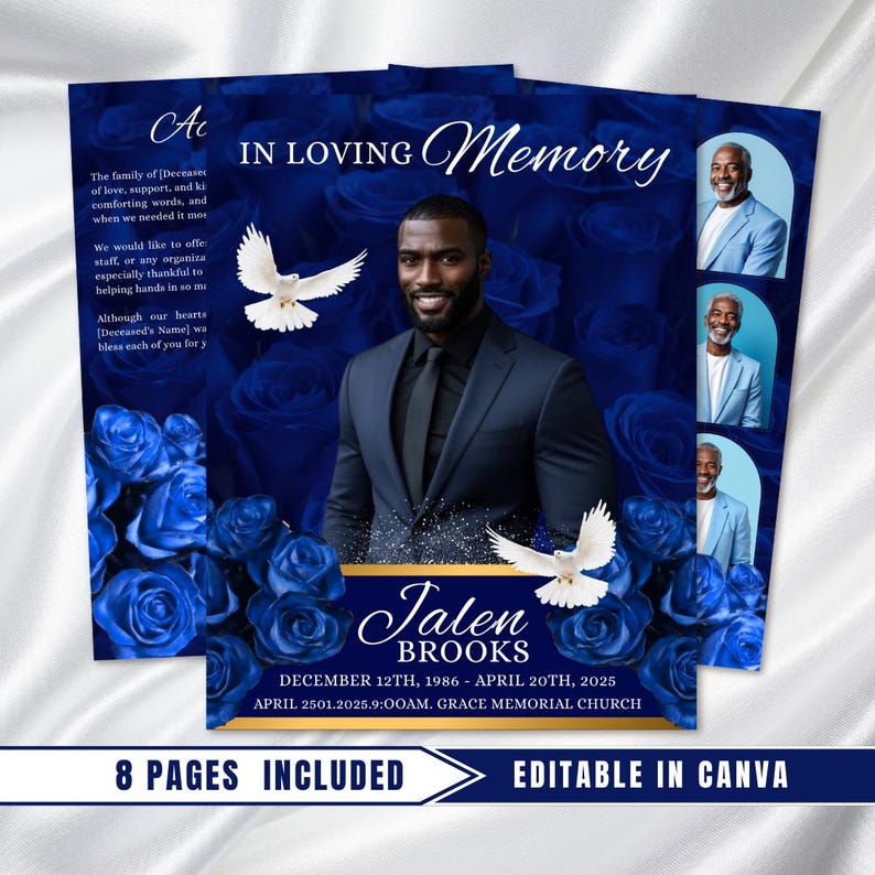 Blue Roses Funeral Program Template: 8-page Memorial (canva PDF ...