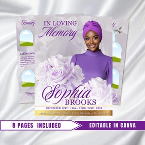 Purple Roses Funeral Program Template: 8-Page Memorial Obituary (Canva Editable, Digital Download)