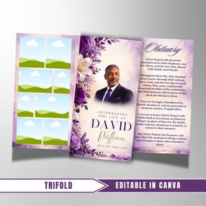 May include: A trifold funeral program template featuring purple floral accents, a portrait of a man, and the text Celebrating the Life of David William. The layout includes placeholders for photos and obituary text, all editable in Canva.