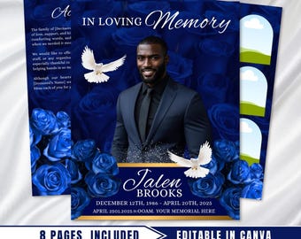 Blue Roses Funeral Program Template: 8-Page Memorial (Canva PDF Download)
