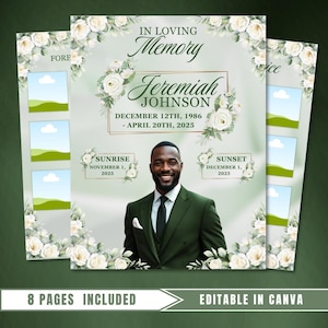 May include: A memorial template with a portrait of a man in a green suit, surrounded by floral arrangements. The text reads "In Loving Memory" and includes the name "Jeremiah Johnson" and dates. The design includes space for photos and the text "8 Pages Included".