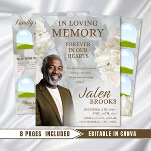 Könnte beinhalten: Eine Gedenkvorlage mit dem Text "IN LOVING MEMORY" und "FOREVER IN OUR HEARTS". Sie zeigt ein Foto eines lächelnden Mannes, weiße Rosen und den Namen "Jalen Brooks" mit Daten. Die Vorlage enthält den Text "8 PAGES INCLUDED" und "EDITABLE IN CANVA."