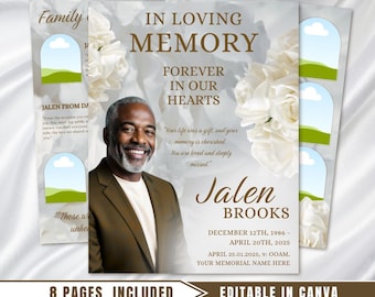 White Roses Funeral Program Template: 8-Page Memorial (Canva PDF)