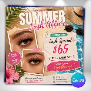 May include: A promotional flyer for a Summer Lash Affair featuring two photos of eyes with pearl-accented lashes, a straw hat, sunglasses, and a hibiscus flower. Text includes Lash Special $65, Full Lash Set, and Good Lashes Good Days.