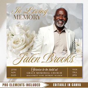 May include: A memorial announcement with a smiling man in a white suit, the text "In Loving Memory" and "Jalen Brooks." The design includes white roses and event details in gold and brown.