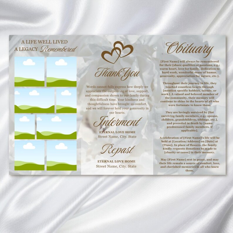 May include: A tri-fold memorial card with a soft, floral background. The card includes text for an obituary, thank you message, and details for interment and repast. The design incorporates landscape images and decorative elements.