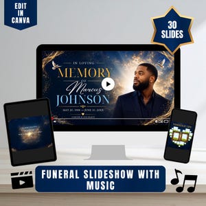 Peut inclure: Un modèle de diaporama funéraire numérique affiché sur un écran d'ordinateur, une tablette et un smartphone. L'écran présente un design commémoratif avec le texte IN LOVING MEMORY OF MARCUS JOHNSON, des accents dorés et le portrait d'un homme.