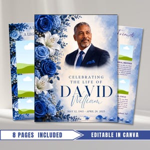 May include: A funeral programme template featuring a portrait of a man in a suit, decorated with blue roses and white lilies. The text reads CELEBRATING THE LIFE OF DAVID William, MAY 12, 1965 - APRIL 28, 2025. Includes placeholders for photos and text.