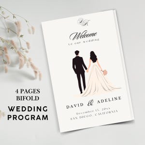 Può includere: Un programma di nozze bifacciale con il testo "Welcome to our wedding". Il programma presenta una grafica di una sposa e uno sposo che si tengono per mano. Il programma include anche i nomi "David & Adeline" e la data del matrimonio.