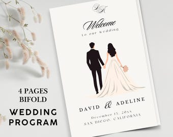 Pode incluir: Um programa de casamento dobrado com o texto "Welcome to our wedding". O programa apresenta um gráfico de uma noiva e um noivo de mãos dadas. O programa também inclui os nomes "David & Adeline" e a data do casamento.