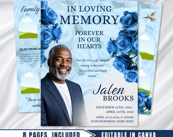 Blue Roses Funeral Program Template: 8-Page Memorial (Canva PDF Download)