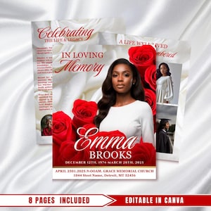 Red Roses Funeral Program Template: 8-Page Memorial (Canva PDF)