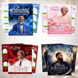 May include: Four rectangular funeral program templates featuring portraits of individuals. Designs include blue roses with David Johnson, pink roses with Sarah Adam, red roses with Michael James Carter, and a celestial sky theme with Marcus Johnson.