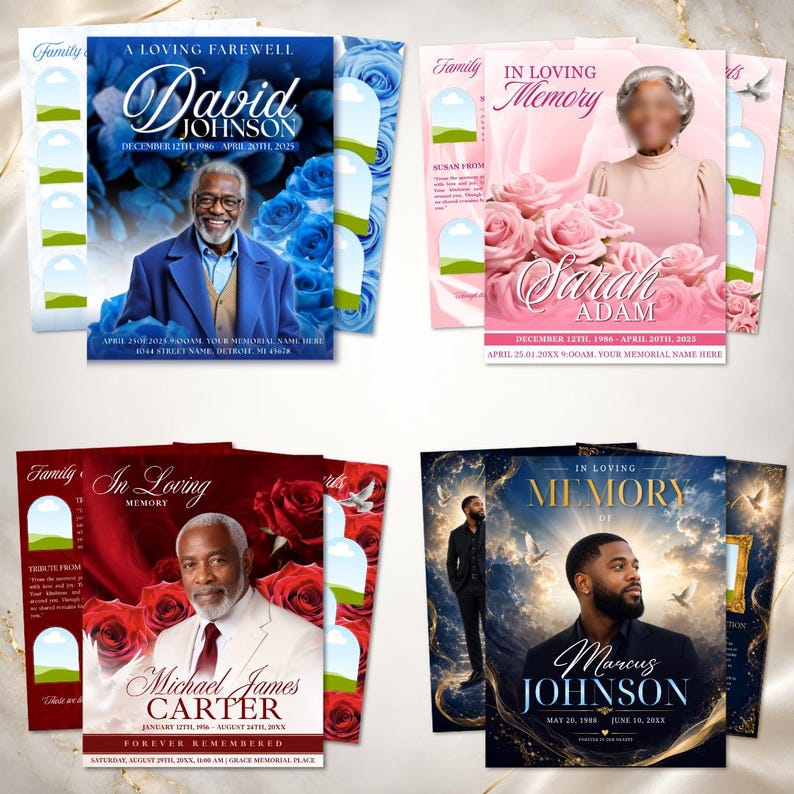 May include: Four rectangular funeral program templates featuring portraits of individuals. Designs include blue roses with David Johnson, pink roses with Sarah Adam, red roses with Michael James Carter, and a celestial sky theme with Marcus Johnson.