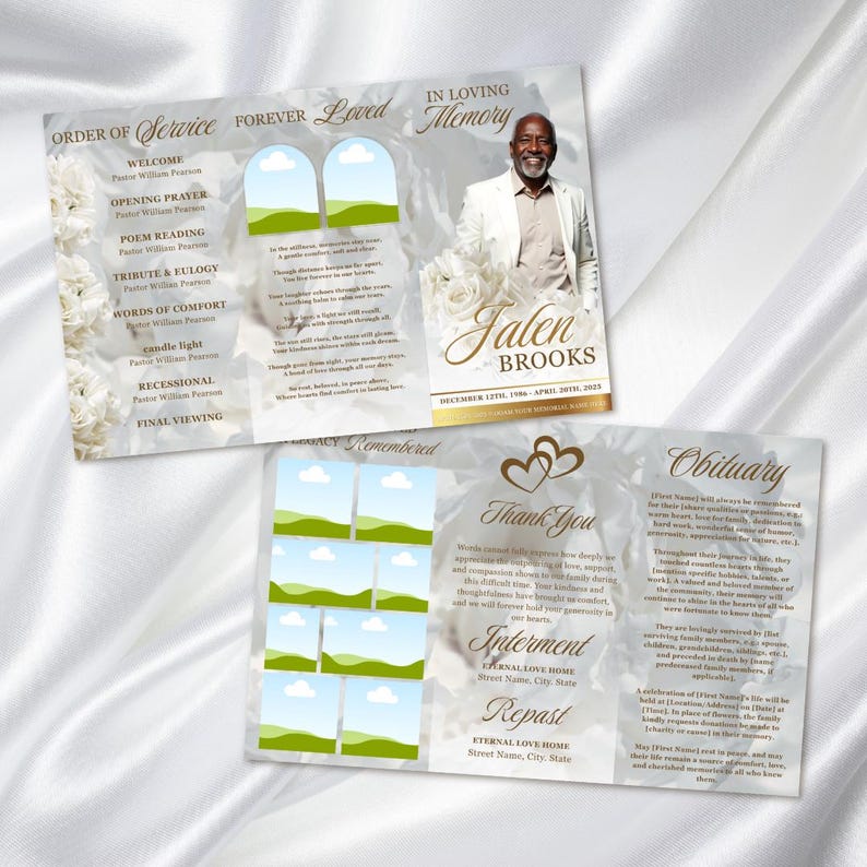 May include: A tri-fold memorial program with a floral and marble design. The program includes a photo, the name "Jalen Brooks", and dates. The inside panels feature text, cloud and landscape graphics, and space for photos. The overall theme is remembrance.